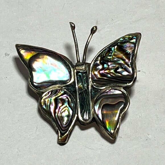 Vintage Abalone Butterfly Brooch Pin Silver Tone Handmade Mexico Marked - Picture 2 of 7